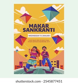 As pessoas estão soltando pipas durante a celebração do Festival Makar Sankranti no Hindia Poster ou Flyer Design