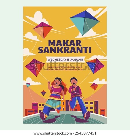 People are flying kites during the Makar Sankranti Festival Celebration at Hindia Poster or Flyer Design
