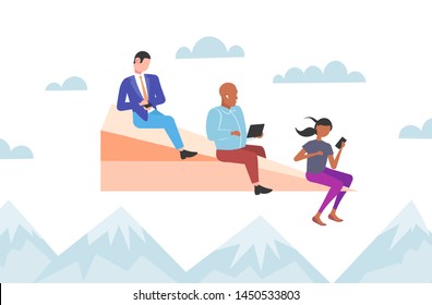people flying on paper airplane mix race colleagues team using gadgets traveling together digital addiction concept mountains landscape background horizontal flat