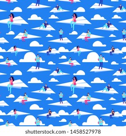 People flying on paper planes vector seamless pattern. Illustration of people fly in sky with cloud