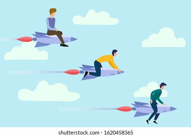  People flying on rockets.Business concept of competitive spirit and corporate identity.Vector illustration.