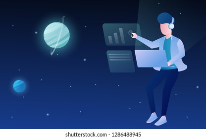 people flying on the space with futuristic laptop technology imagination. remote worker freelance landing page concept vector design illustration