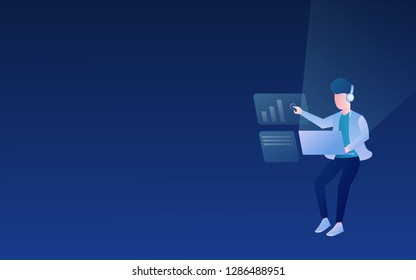 people flying on the space with futuristic laptop technology imagination. remote worker freelance landing page concept vector design illustration