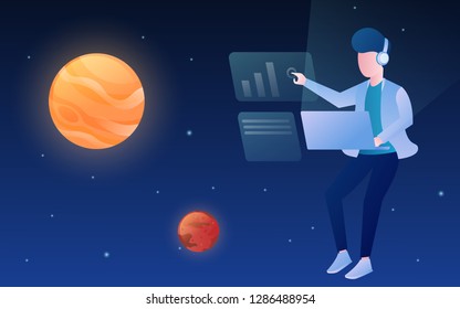 people flying on the space with futuristic laptop technology imagination. remote worker freelance landing page concept vector design illustration