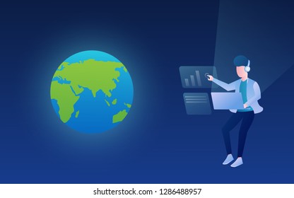 people flying on the space with futuristic laptop technology imagination. remote worker freelance landing page concept vector design illustration