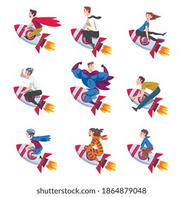 People Flying on Space Rockets Set, Leadership, Achievement, Competition, Success Concept Cartoon Style Vector Illustration