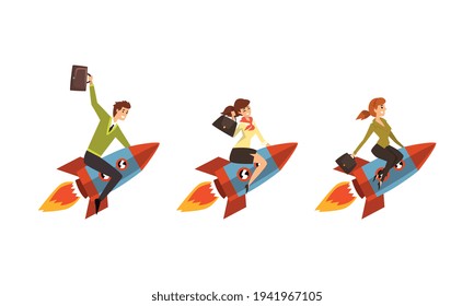 People Flying on Space Rockets Set, Successful Idea, Business Start Up Concept Cartoon Vector Illustration