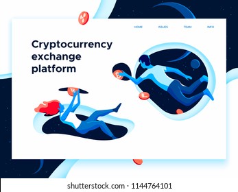 People flying in the open space and exchanging cryptocurrency via portals. Blockchain technology theme. Isometric vector concept of a landing page.