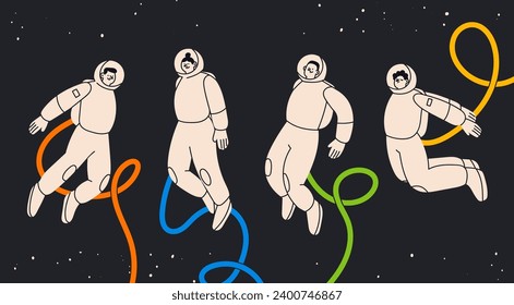 People flying in outer space in white space suits. Astronaut or spaceman. Cute characters. Cartoon flat style. Hand drawn Vector illustration. Isolated design elements. Exploration, discovery concept 