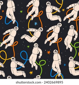 People flying in outer space in white space suits. Astronaut or spacemen. Cute characters. Cartoon flat style. Hand drawn Vector illustration. Square seamless Pattern. Exploration, discovery concept 