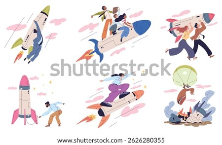 People flying rocket. Teamwork success startup business failure concept, entrepreneur launch ship team start up growth progress internship achievement classy vector illustration original artwork