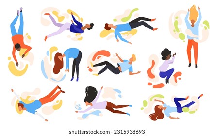 People flying set vector illustration. Cartoon isolated young woman and man floating in imagination space, characters falling down in gravity, free jump and flight action of person in fantasy sky