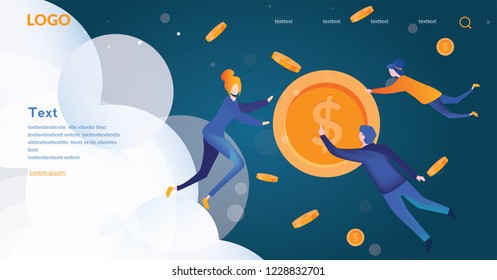 Gente volando en el espacio e intercambiando dinero, criptomoneda, crecimiento del dinero. Tema de la tecnología de la cadena de bloqueo, personas de negocios comunicándose, ilustración vectorial.