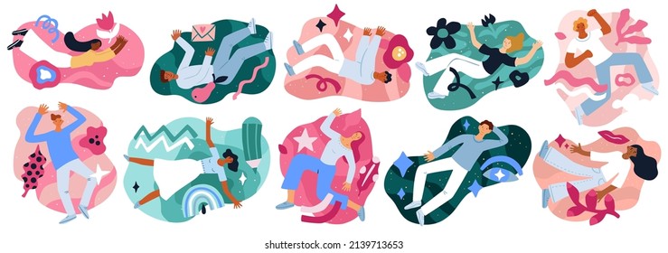 People Flying Space. Free Floating Persons. Men And Women Among Abstract Shapes In Weightlessness. Inspiration And Imagination Concept. Relax And Finding Ideas. Vector