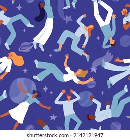 People Flying Space Seamless Pattern. Men And Women Floating In Zero Gravity. Interstellar Flight. Persons In Cosmos. Galaxy Discovers Relaxing In Different Poses. Vector