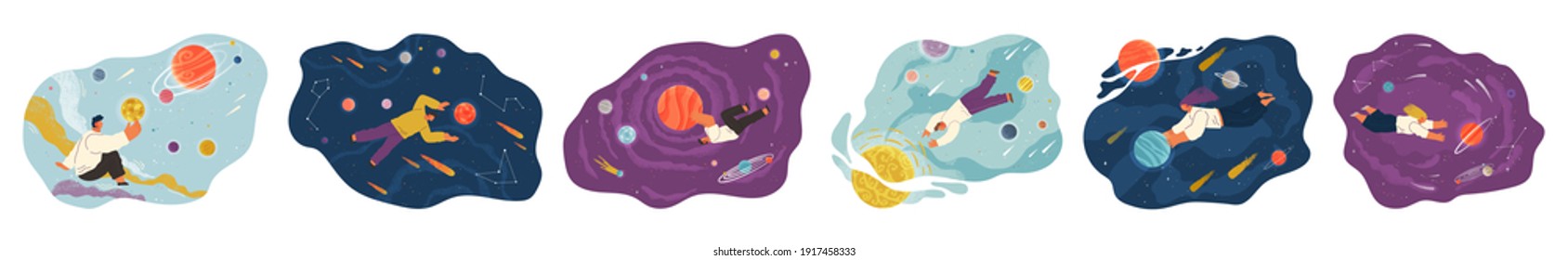 People flying in space vector flat scenes set with planets and stars cartoon cosmic illustration. Characters holding planet with dream universe. Person flies in blue sky space. Abstract style people