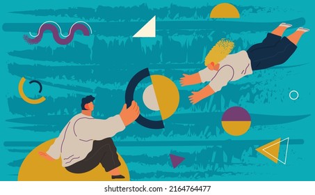 People flying in space vector flat illustration. Man and woman holding planet with dream universe. Concept of facing with new and unknown. Flying person exploring space and discovering mysteries