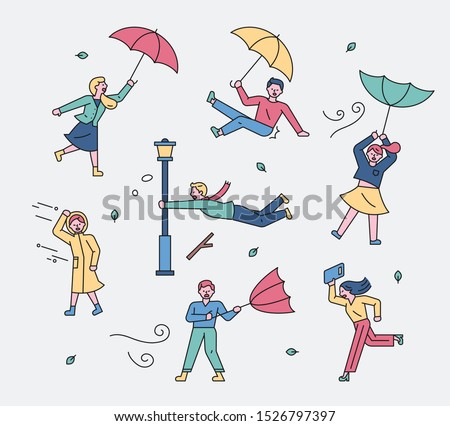 People flying with umbrellas in strong typhoon. flat design style minimal vector illustration