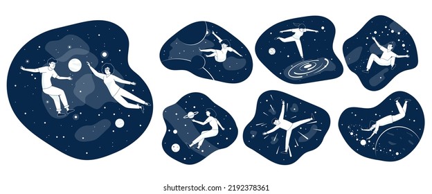 People flying in universe, touch planets and stars. Fly to dream, men women in virtual reality. New idea, creativity mind recent vector characters scenes