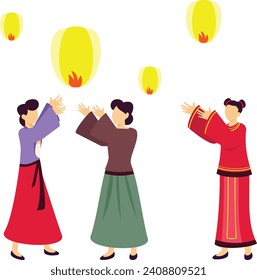 People are flying wish yellow lanterns concept,  sky candles or fire balloons vector design, Chinese New Years Eve symbol, Year of the Dragon sign, China Spring Festival scene stock illustration