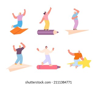 People flying. Woman man fly on paper plane, pencil, markers. Stationery, happy teacher balanced on book. Isolated positive adult vector characters