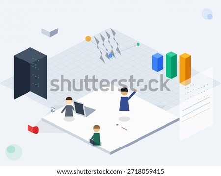 People are focused on tasks in an office setting. Some interact with computers while others discuss ideas. There are colorful charts and data displayed around them.