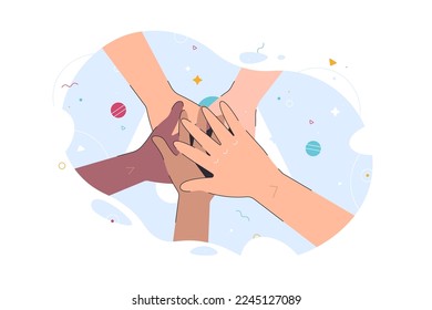 La gente dobló sus manos. Juntos. El concepto abstracto de la diversidad de nacionalidades colaboran para lograr resultados satisfactorios. Ganadora de la celebración del equipo y idea de logro del objetivo. Ilustración vectorial.