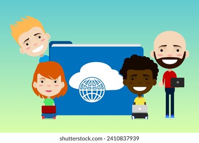 Personas y carpetas con icono de nube y globo que simbolizan el sistema multiusuario en el fondo del gradiente, ilustración vectorial