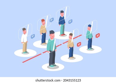People follow distance rule vector illustration. People in bank queue not cross red line flat style. Prevention virus spread and coronavirus concept. Isolated on blue background