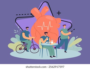 People following healthy lifestyle vector illustration. Men riding bicycle, running, eating healthy food. Huge human heart in background. Sport, diet, science concept for promotional poster