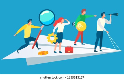 People following leader vector, business team with tools standing on paper plane flying forward. Man and woman with magnifying glass and cogwheel bulb