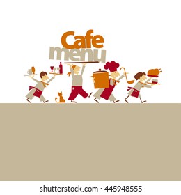people with food. cafe stuff caring food and drinks. simple flat header. vector illustration on  white background