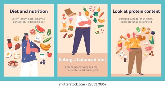 People Food Choice Cartoon Banners with Male and Female Characters Choose between Healthy and Unhealthy Meals. Man or Woman Products Eating Priorities, Balanced Diet, Nutrients. Vector Posters