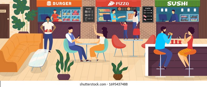 People In Food Court, Cartoon Characters In Shopping Mall Cafe Order Pizza To Go, Vector Illustration. Fast Food Restaurant Burgers And Sushi Cafeteria, Men And Women Eat Meal In Diner, Lunch Eatery