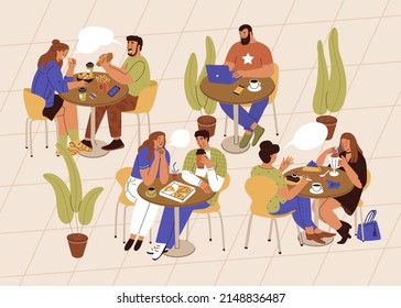 La gente en la cancha de comida come y habla entre ellos. El hombre trabaja en una laptop en una mesa. Fácil comunicación en el restaurante. Cafetería en el centro comercial de la ciudad. Estilo plano en ilustración vectorial.