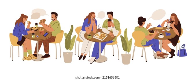 People at the food court have a meal and small talks with each other. Easy communication in the restaurant. Couple, friends, family. Cafe in the city mall. Flat style in vector illustration.