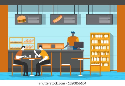 People in Food Court Indoor Interior Restaurant Cafeteria Illustration