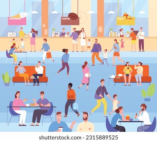 People food court. Retail restaurant counter mall cafe, client eating breakfast lunch meal inside cafeteria shopping store buffet dinner eat customer, splendid vector illustration of lunch cafeteria