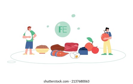 People with food with Ferrum or Iron trace elements, cartoon flat vector illustration isolated white background. Natural source containing Fe microelement.