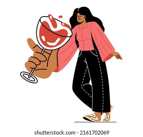 People with food. Girl holding glass of wine or champagne. Alcoholic drinks and character at party or celebration. Unhealthy diet, wrong diet and bad habits. Cartoon flat vector illustration