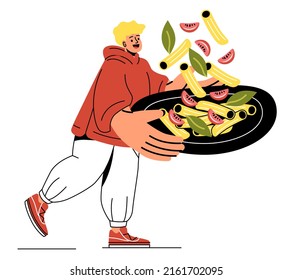 People with food. Guy with plate of pasta and vegetables. Italian cuisine and unusual dishes. Character in restaurant or cafe. Vegetarianism and healthy lifestyle. Cartoon flat vector illustration