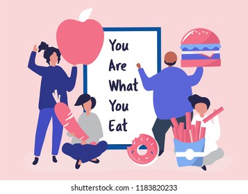 People with food icons illustration