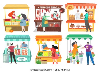 People at food market buy and sell farm products, fruit and vegetable stall, vector illustration. Healthy food at marketplace, men and women cartoon characters. Butcher shop, bakery and seafood market