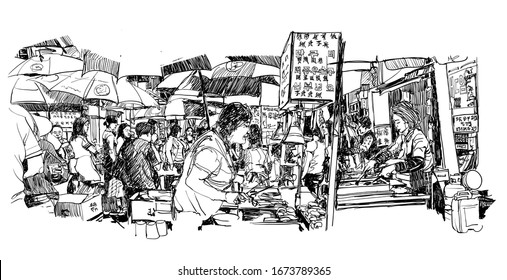 People in a food Market in Korea - vector illustration (Ideal for printing on fabric or paper, poster or wallpaper, house decoration) All signs and characters are fictitious