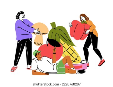 People with food. Men and woman hold in hands fresh organic food or ingredients for cooking. Delicious vegetables and mushrooms. Vegetarian and vegan. Cartoon flat vector illustration in doodle style