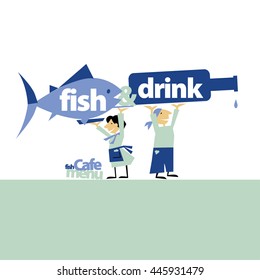 people with food. sea fish cafe menu header with writers. vector illustration on on white kitchen background
