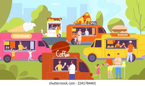 People food truck. Street eating festival, court outdoor marketplace summer fair park ice cream car vendor city cafe meal drink beach party, cartoon splendid vector illustration of ice cream and pizza