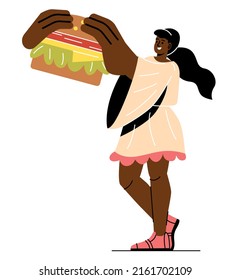 People with food. Young girl holds hamburger in her hands, harmful diet and unhealthy lifestyle. Fast food, cafe or restaurant menu. Sticker for social networks. Cartoon flat vector illustration