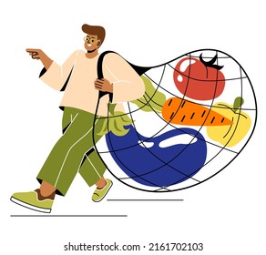 People with food. Young guy with glasses walks with bag of vegetables. Household chores and routine, supermarket character. Natural and organic products concept. Cartoon flat vector illustration