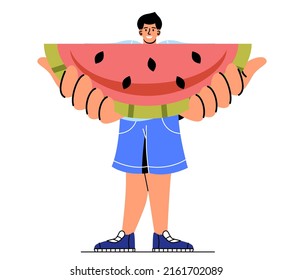 People with food. Young guy holding piece of watermelon. Natural and organic products, vegetarian diet. Summer fruits and useful vitamins, icons for website. Cartoon flat vector illustration